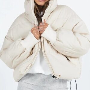SHEIN Essnce Zip Up Drawstring Hem Puffer Coat Jacket Beige Cream Small Oversize